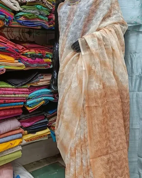 Soft Kota Doriya Checks Saree with Beautiful Floral Embroidery & Shibori Print